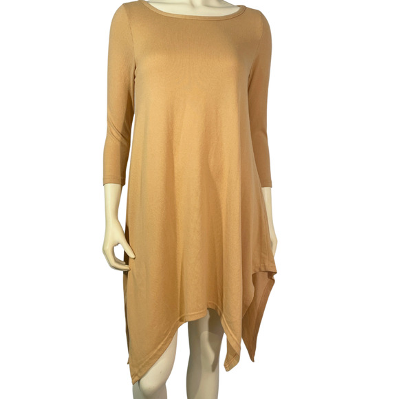 Simply Southern Sz S Stretch Knit Swing Dress Handkerchief Hem Neutral Tan Flowy - Picture 1 of 9